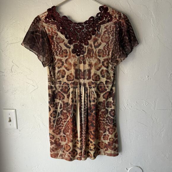 Unity Tunic Top Y2k Small Brown Animal Print Short Sleeve Sheer Beaded Boho - Picture 8 of 9